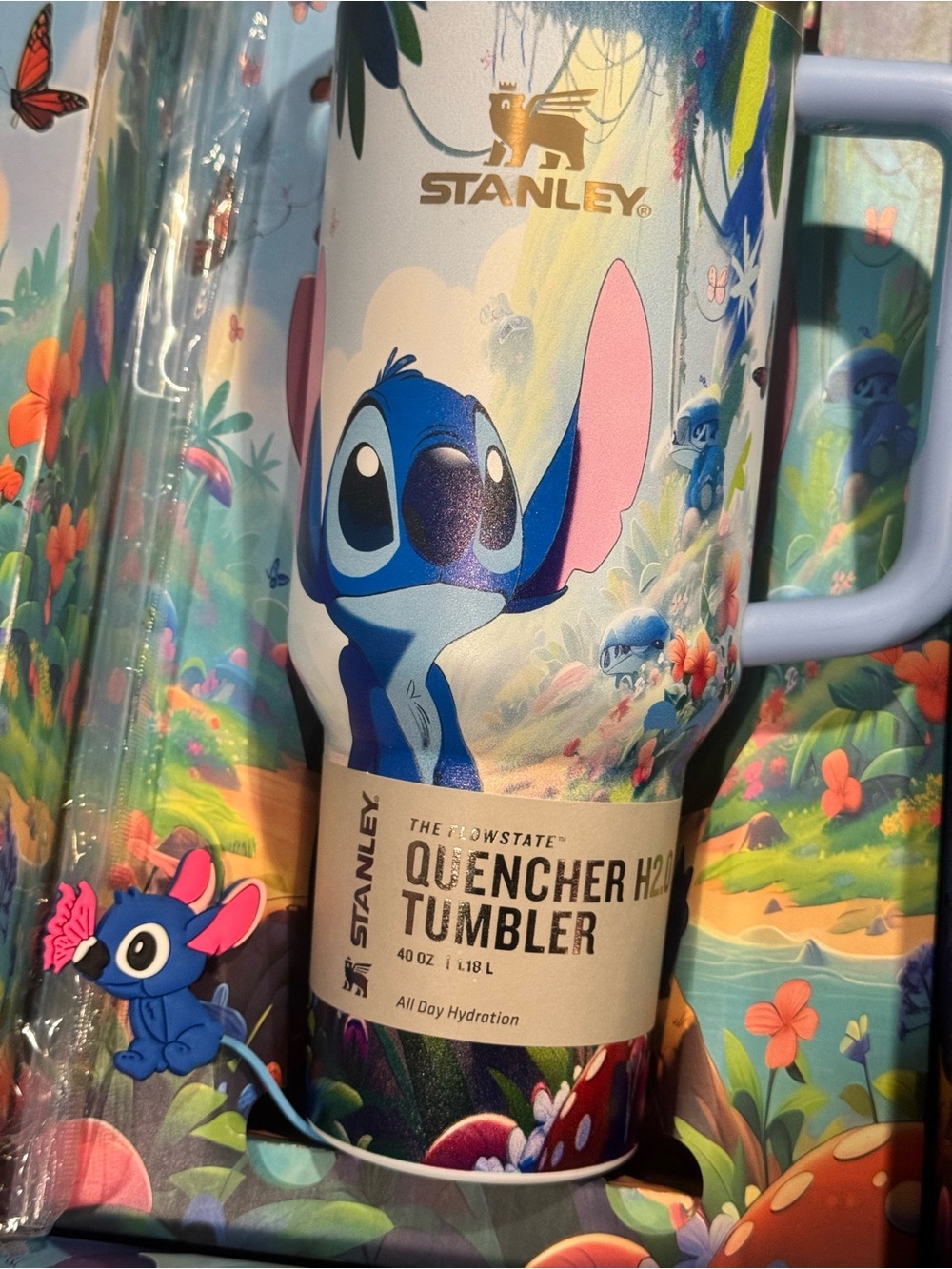 Stanley Quencher Tumbler with Blue and Pink Lilo & Stitch Artwork